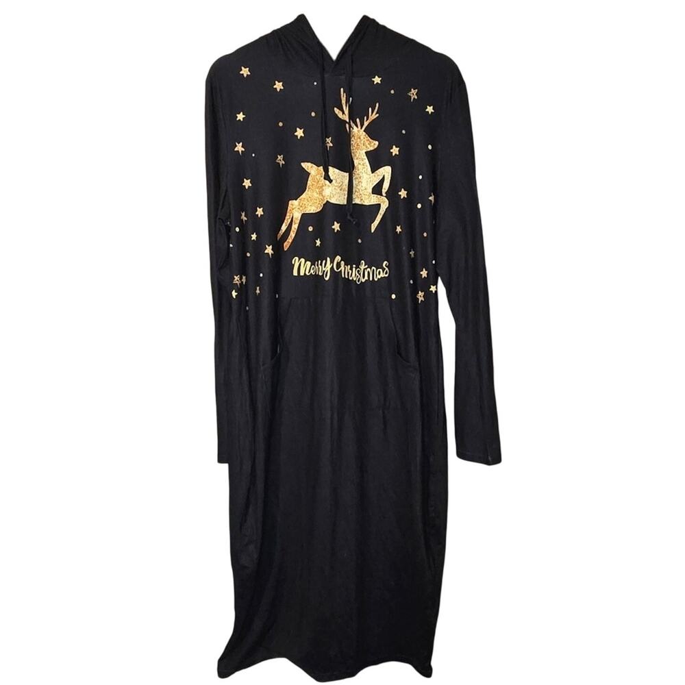 Missky Small Black Baggy Hoodie Dress w/ Reindeer and Stars [0007]